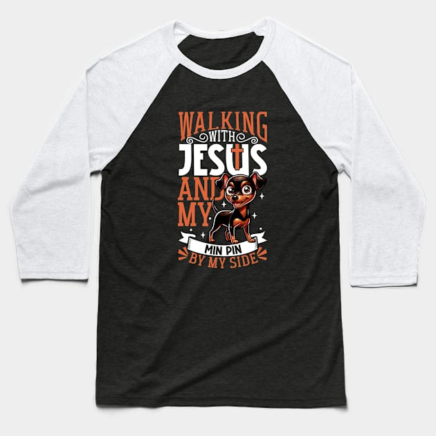 Jesus and dog - Miniature Pinscher Baseball T-Shirt by Modern Medieval Design